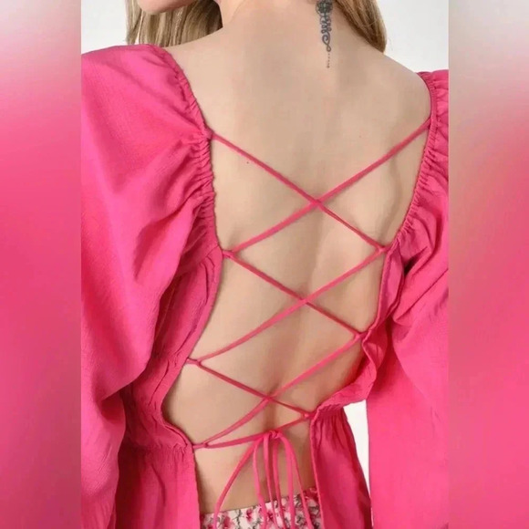 Lulus Flirty Reveal Hot Pink Smocked Puff Sleeve Lace Up - Picture 2 of 6